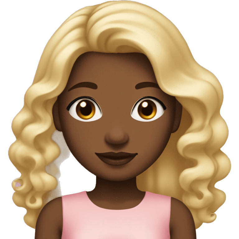 The face of a girl with dark skin and blonde long hair, the ends of her hair curl into curls,a small nose,plump lips,long eyelashes, brown eyes, she is wearing a delicate pink silk dress emoji