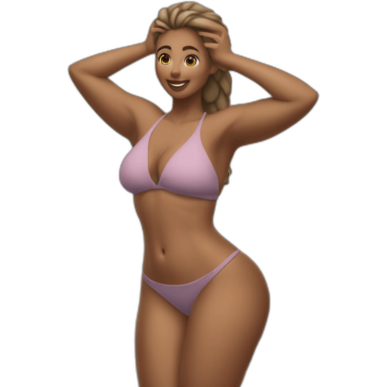 Slim-thicc Caucasian woman bikini hands in hair pose (beach body) emoji