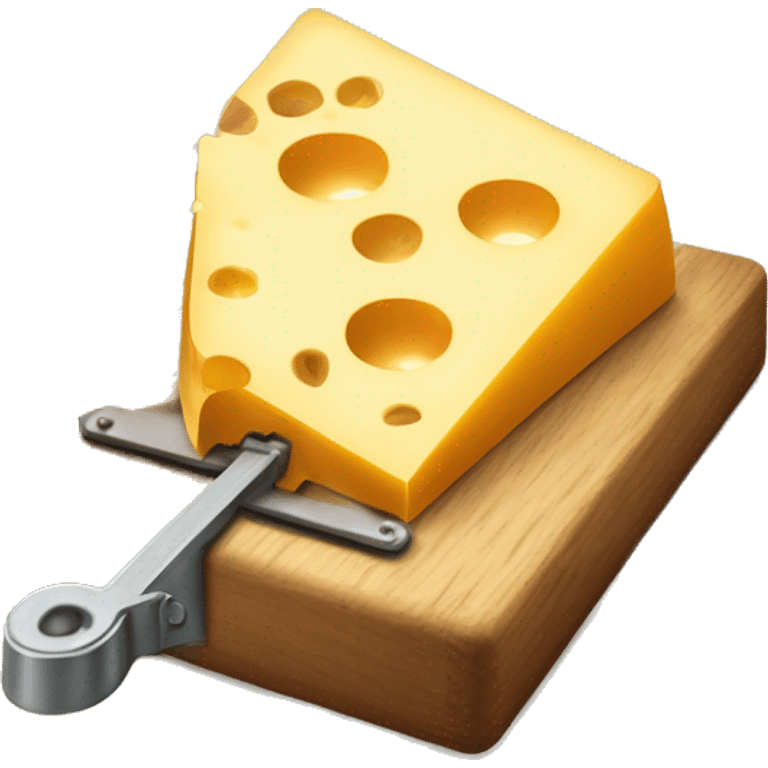 A mousetrap with a piece of cheese on it. The mousetrap should be classic wooden style, with the cheese placed on the trigger mechanism. The cheese should be a small, yellow wedge. emoji