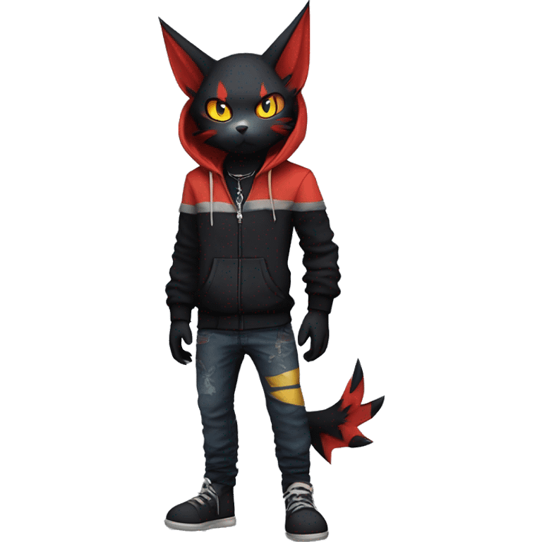 Cool Anthro Black Noibat-Quilava-Litten-Pokémon with edgy stripes hoodie spiked collar punk Full Body emoji