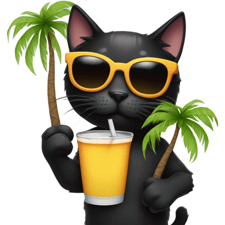 Black cat with sunglasses, drink in hand, and next to a palm tree emoji