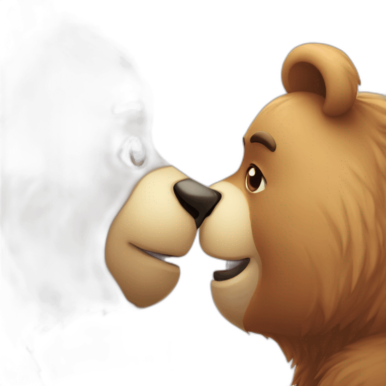 Female bear and male bear kissing, face only, hearts above them emoji