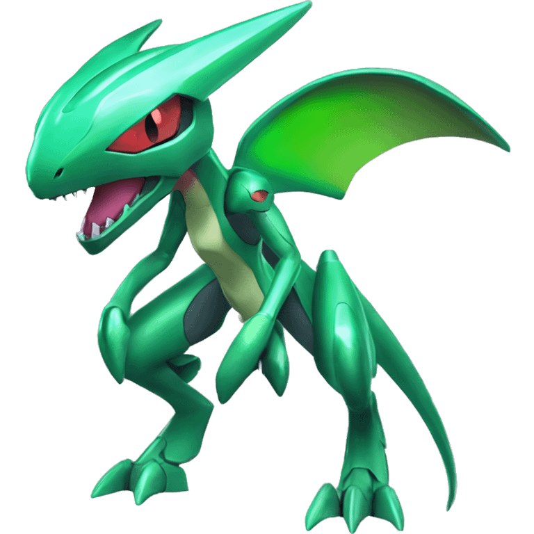 a shiny green Genesect-Flygon-Raptor-Fakémon—hybrid with a futuristic visor-helmet full body emoji