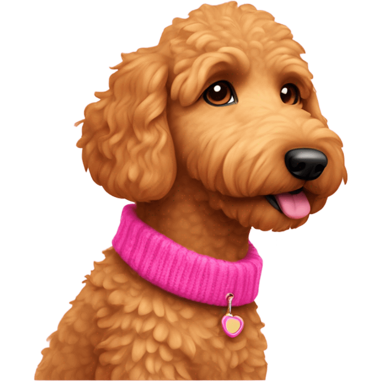 Ginger golden doodle with a hot pink collar and baby pink sweater emoji