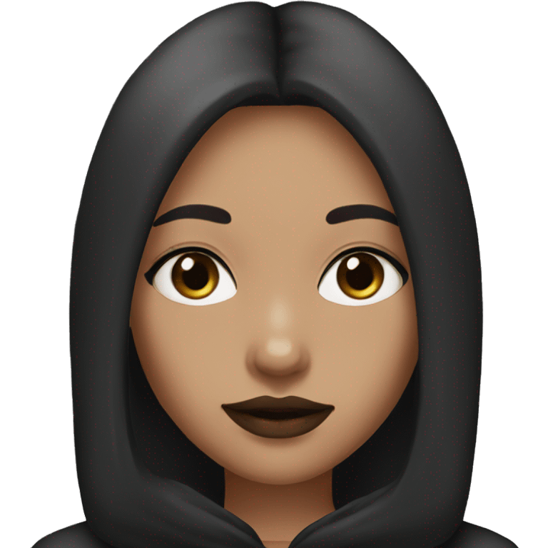 Girl with middle part really long straight dark brown hair, lashes,dark brown eyes, brown lipstick, wearing black hoodie emoji