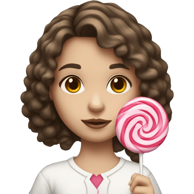 White pale young girl with fluffy brunette hair and brown eyes holding a lollipop  emoji