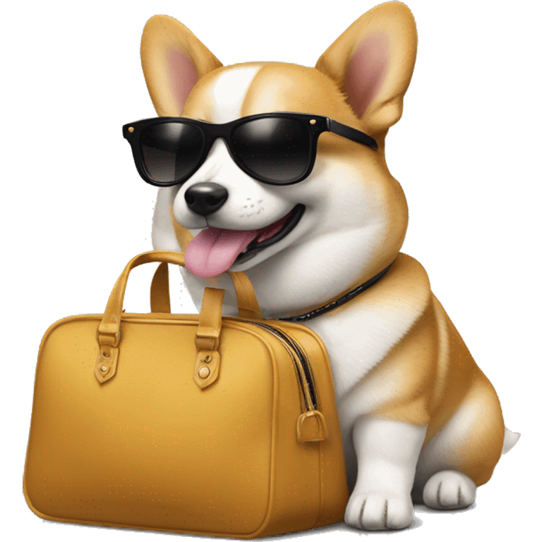 corgie dog with fashion bag and black sunglasses  emoji