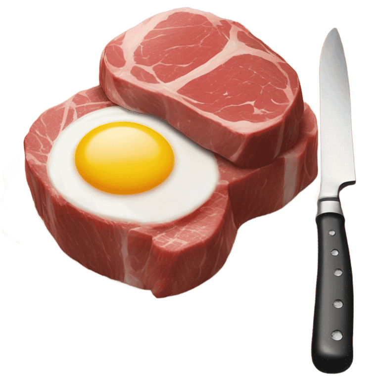 Medium rare filet mignon cut in half on a cutting board with sunny side up eggs on the side while also being on the cutting board emoji