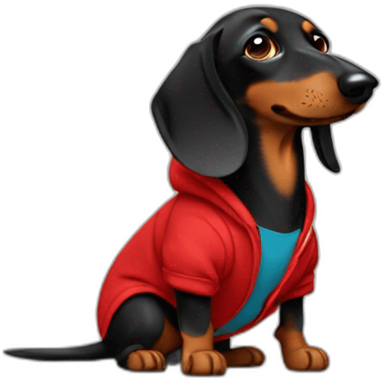 Black dachshund barking in red hoodie emoji