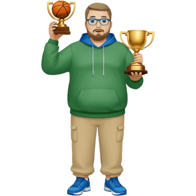  full body white obese male basketball coach with trophy. Goatee , Wearing glasses and blue and green hoodie and khaki pants emoji