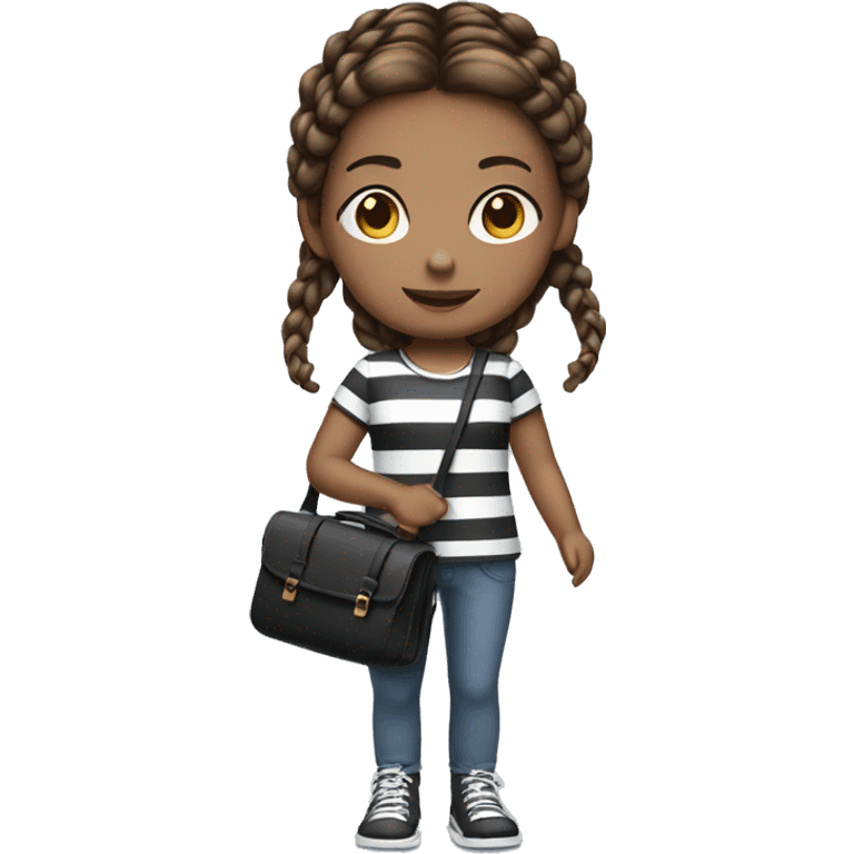 girl with brown hair two braids holding small black and white striped bag emoji