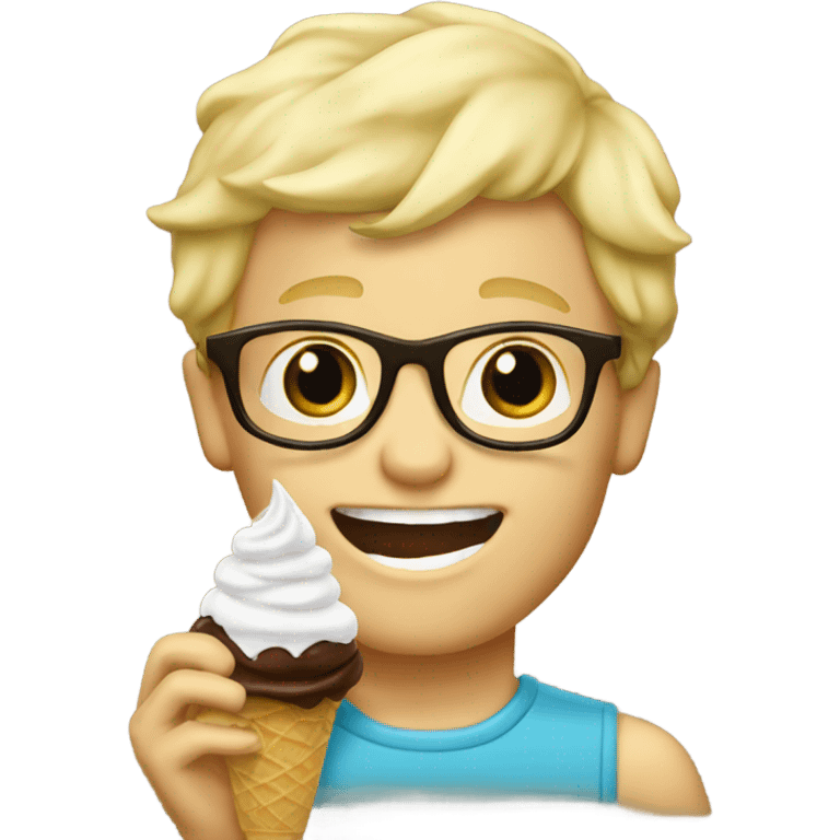 Blond boy with glasses eating chocolate soft serve ice cream emoji