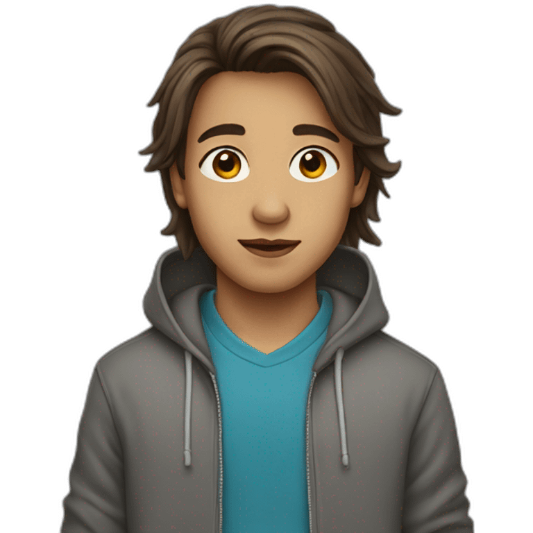 boy with long brown hair in hoodie with earrings emoji