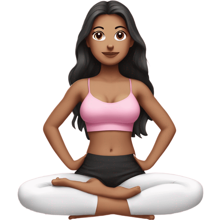 A white girl with brown eyes and black long hair,  is sitting in a lotus position in a pink bra top and short white skirts emoji