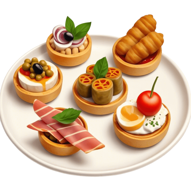 Tapas (4 Pintxos) Cinematic Realistic Tapas Dish Emoji, depicted as an assortment of 4 pintxos elegantly arranged on a plate, rendered with lifelike textures and vibrant, inviting lighting. emoji