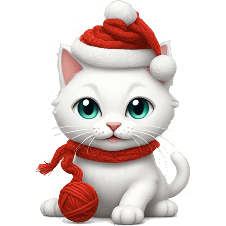 white cat wearing a christmas hat playing with a ball of red yarn emoji