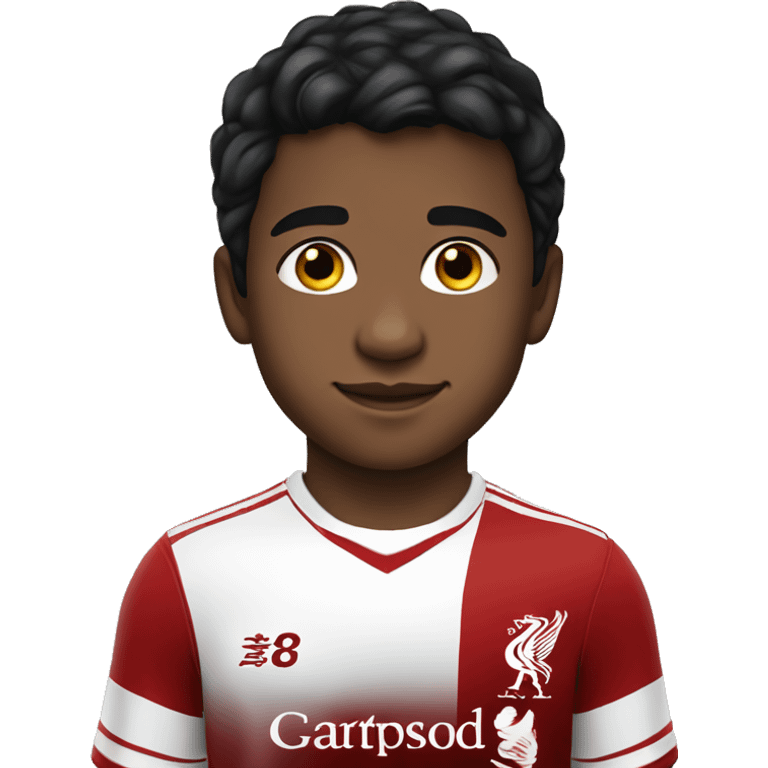 a little handsome boy in a Liverpool kit with black hair and brown skin. emoji