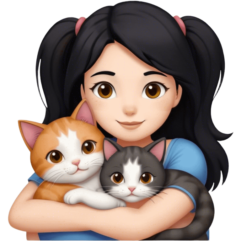 happy girl with black hair hugging three cats  (tricolour cat, gray cat, brown calico cat) emoji