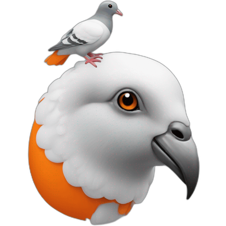 A pigeon on the head of an orange sheep emoji