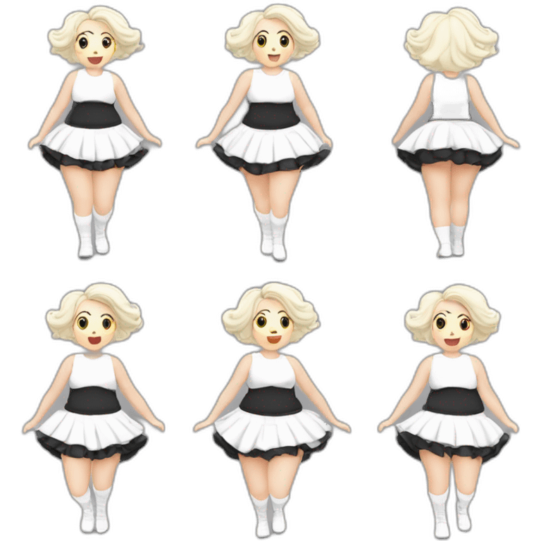 full-body-caucasian-curvy-beauty-jumping-short-black-skirt-back-and-front-views-strong-wind-white-knickers-long-white-socks emoji