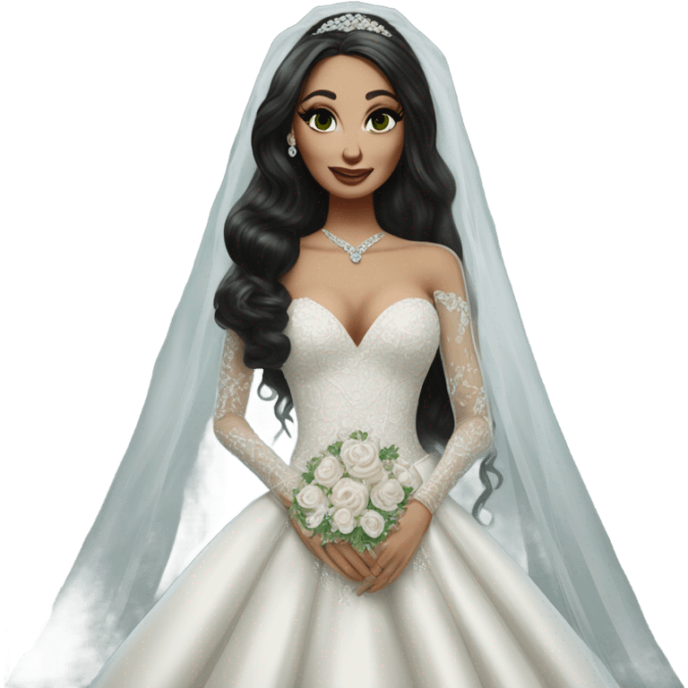 Hyper Realistic ornate ballgown long sleeve Wedding dress with diamanté on Russian bride with pale skin and green eyes and long black hair with veil and diamond jewelry hyper realistic  emoji