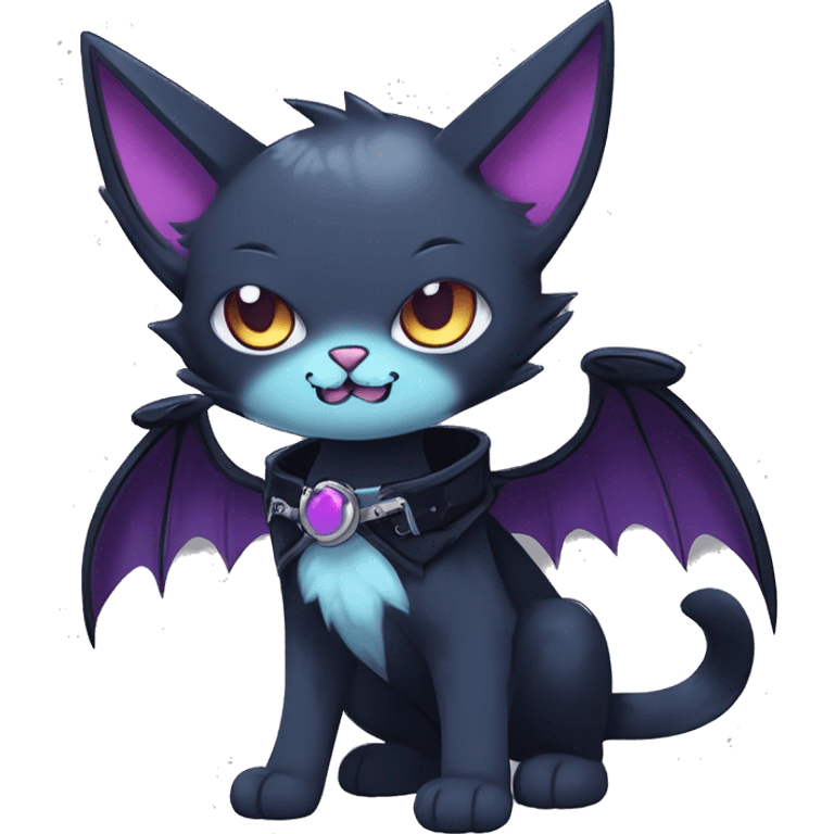   cool edgy kawaii anime-style ethereal dark-punk-themed animal vampiric cat-hybrid Fakemon with fangs and bat-wing-ears with a collar full body emoji