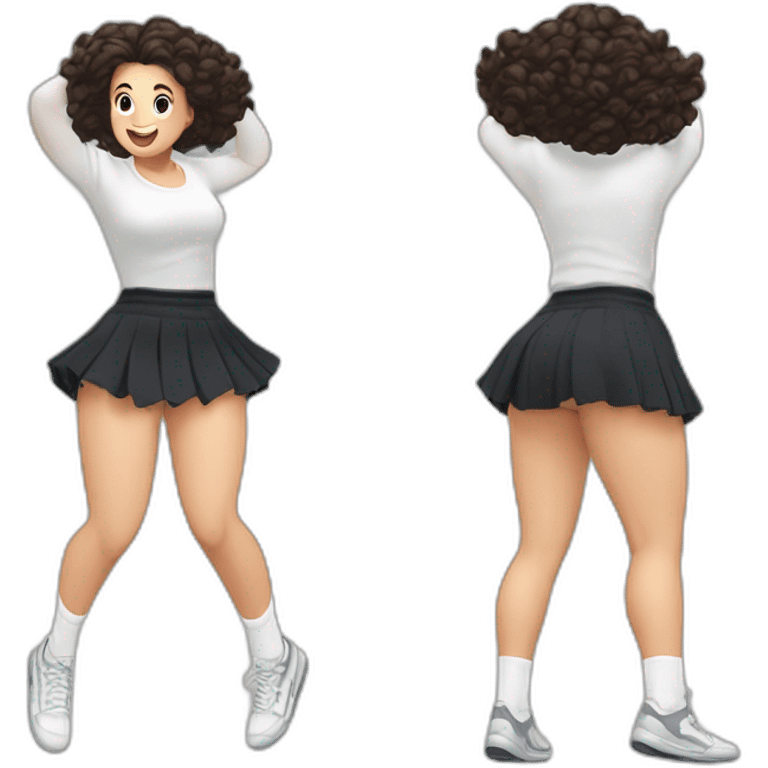 full-body-caucasian-curvy-beauty-jumping-short-black-skirt-back-and-front-views-strong-wind-knickers-long-white-socks emoji