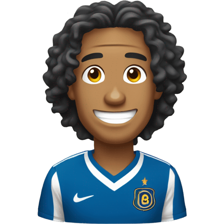 “2D emoji of Ronaldinho with a big smile, curly hair, and cartoonish features. Simplified, bold outlines, vibrant colors, and transparent background.” emoji