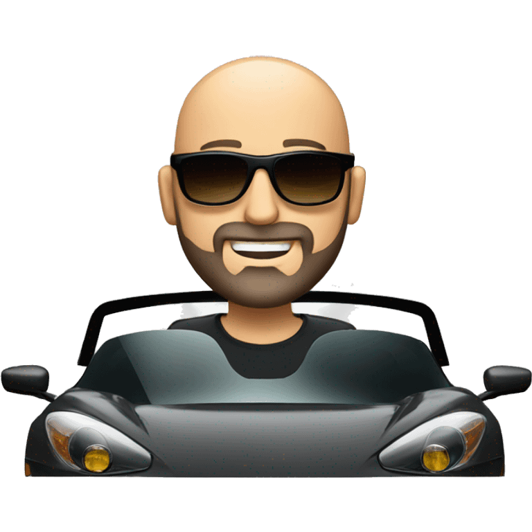 good looking bald man with a beard and sunglasses driving a sports car emoji