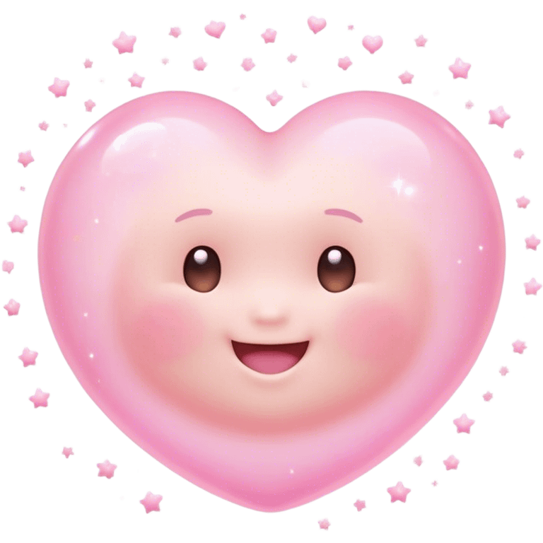 Cinematic floating soft heart, chubby round edges, pastel pink glow, tiny smiling face, surrounded by dreamy sparkles, gentle and loving. emoji