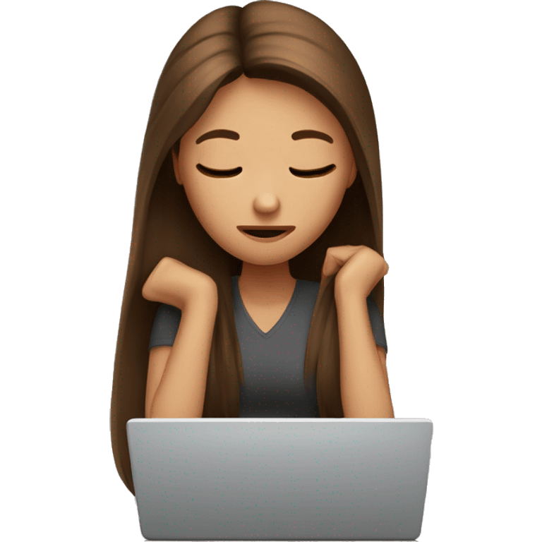 Exhausted brown straight hair girl working with laptop  emoji