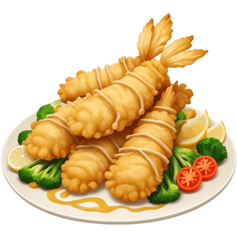 Cinematic Realistic Tempura Dish Emoji, depicted as lightly battered and fried seafood and vegetables rendered with delicate textures and crisp, inviting lighting. emoji