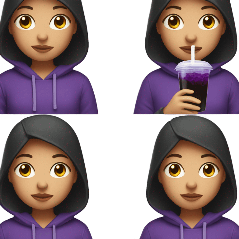 Girl wearing black hoodie drinking purple boba emoji