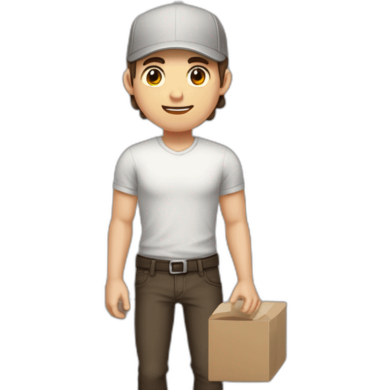 Pale skinned fit Man with dark brown hair in a light gray cap, dark brown jeans, brown polo and white T-shirt keeping a pasted with tape white box into his hands emoji