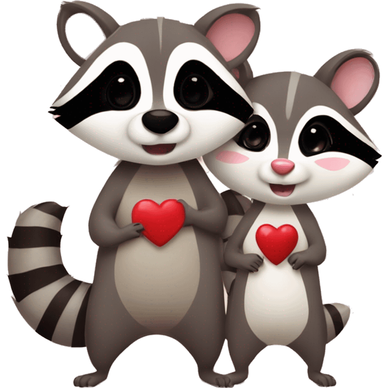 Raccoon and opossum cute animal couple love with heart emoji