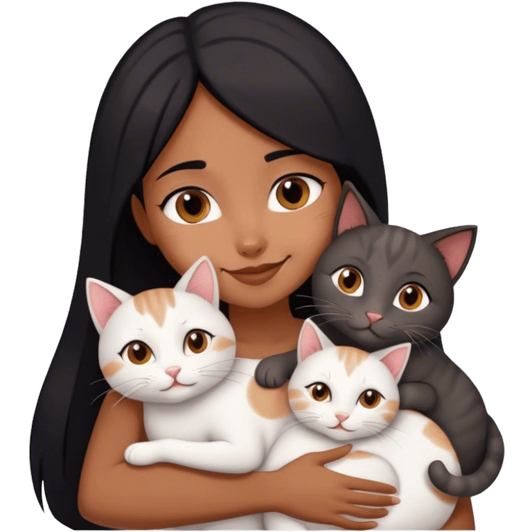 happy black haired girl hugging three cats  (carey cat, gray cat, white brown cat) emoji