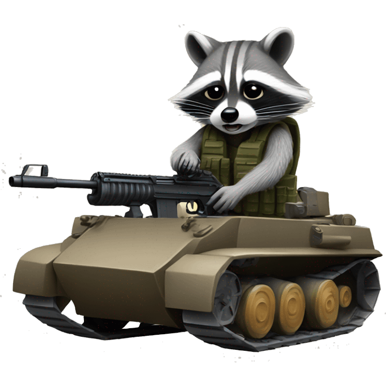 a raccoon firing from a rifle while sitting on a tank emoji