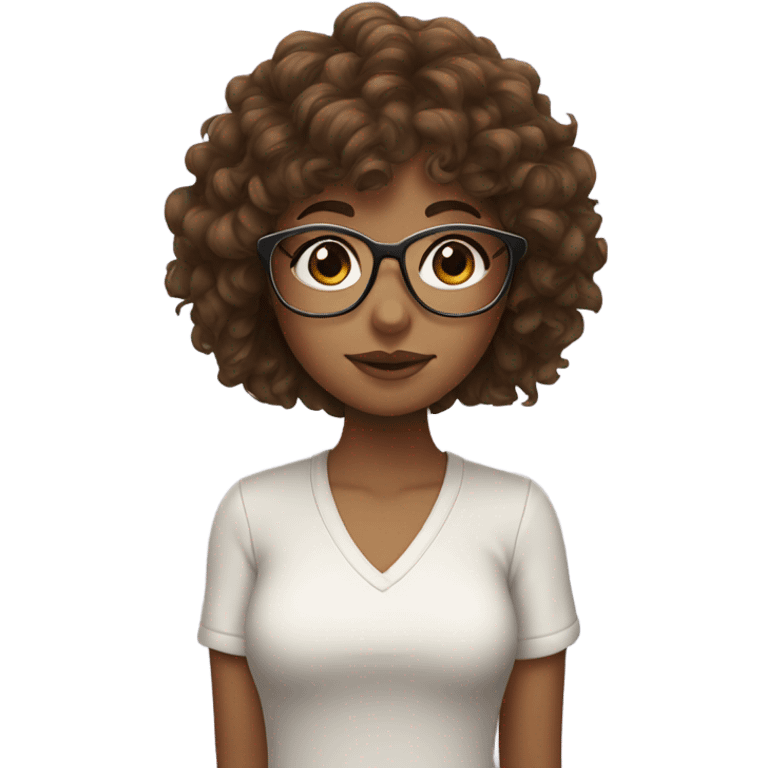 Girl with brown curly hair and bangs with glasses emoji