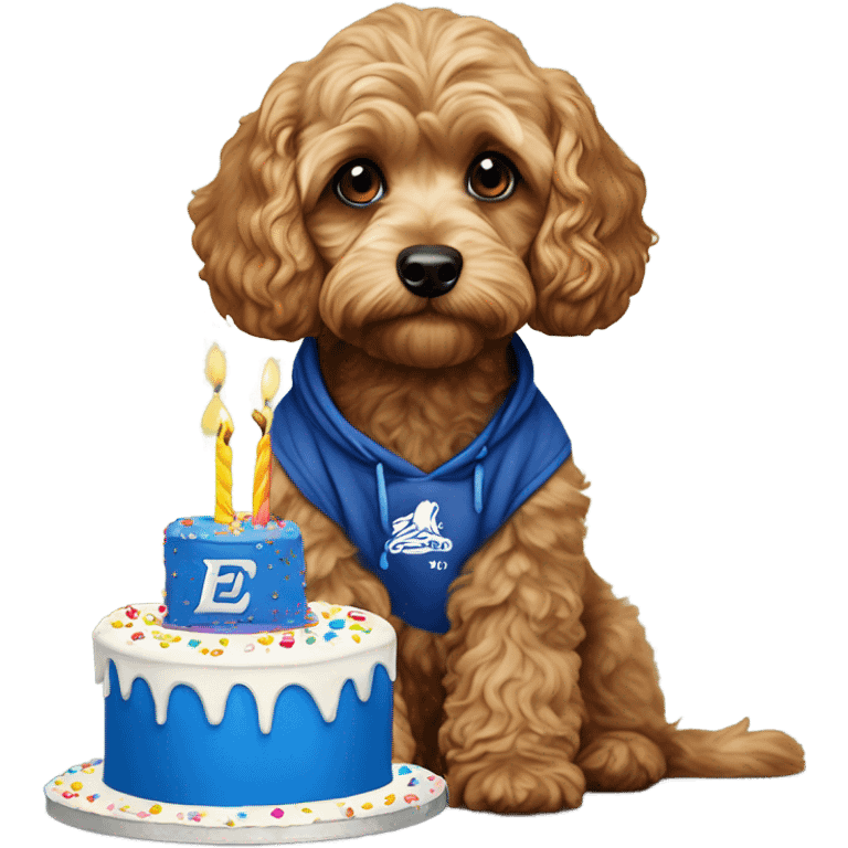 Cavapoo wearing an Everton hoodie with a birthday cake emoji