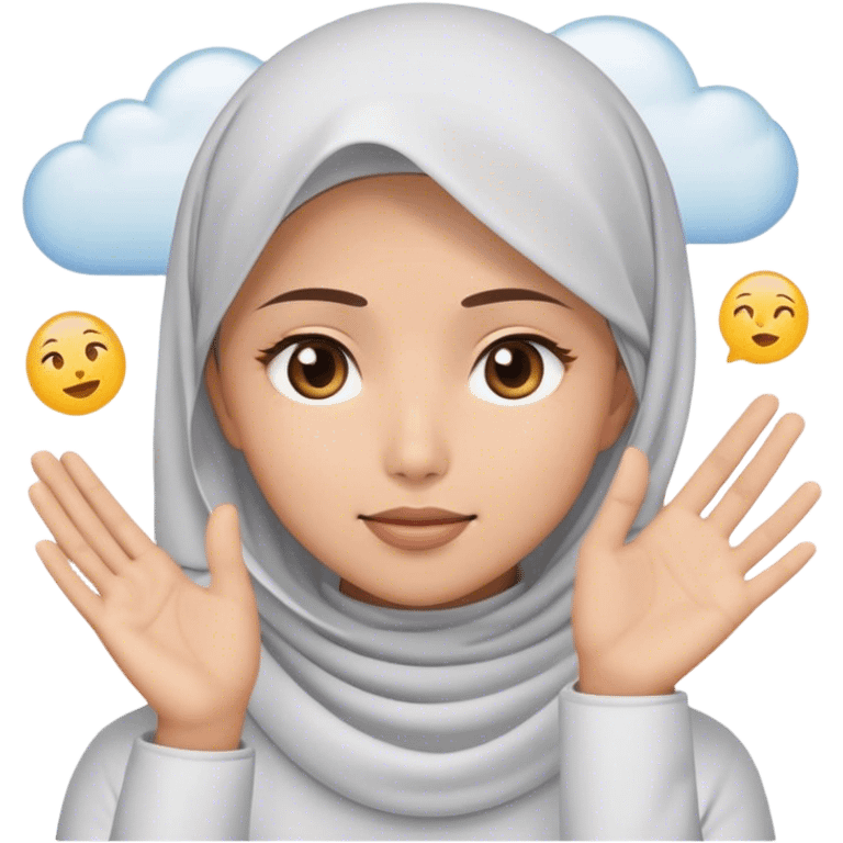 a white young asian Muslim woman are thinking something. Her eyes rolling to up right. Her hand touching face. There's emoji cloud to describe what she thinking about. emoji