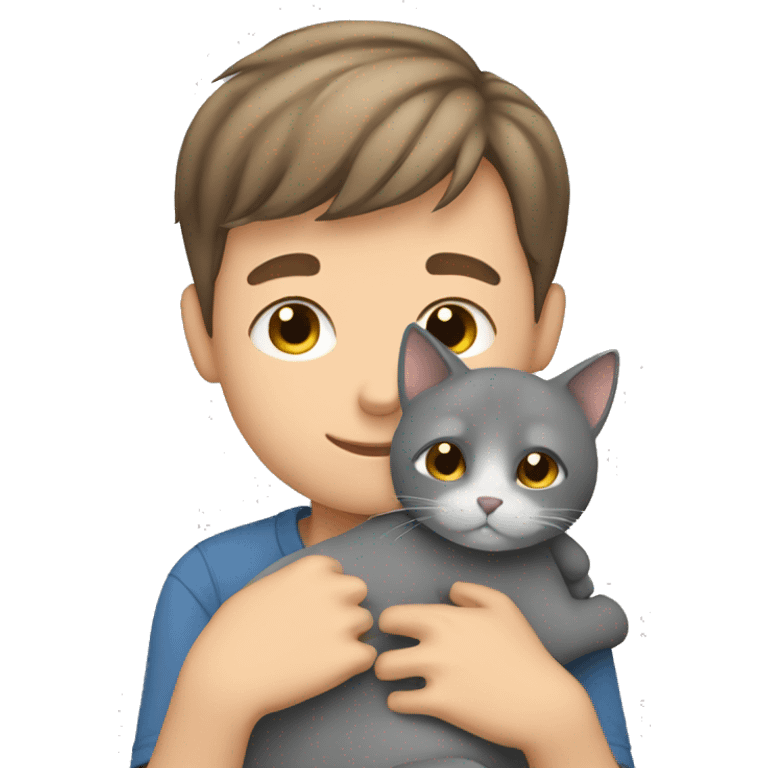 Boy with short brown hair cuddling grey cat emoji