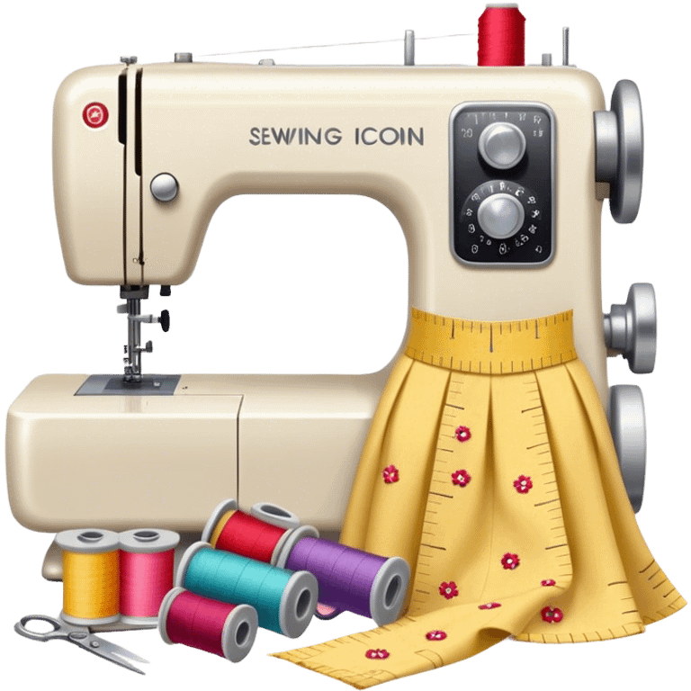 Sewing icon, measuring tape, pins, scissors, and a dress in progress, sewing machine with thread, visible needle, spools of thread, fabric pieces cut according to patterns, minimalistic style, clean lines, transparent background. emoji