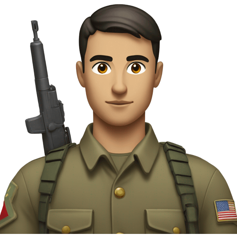 "A young man with short-cropped dark hair, a sharp jawline, and a smug expression. He wears a clean military uniform, holds a rifle, and stands confidently in a field." emoji