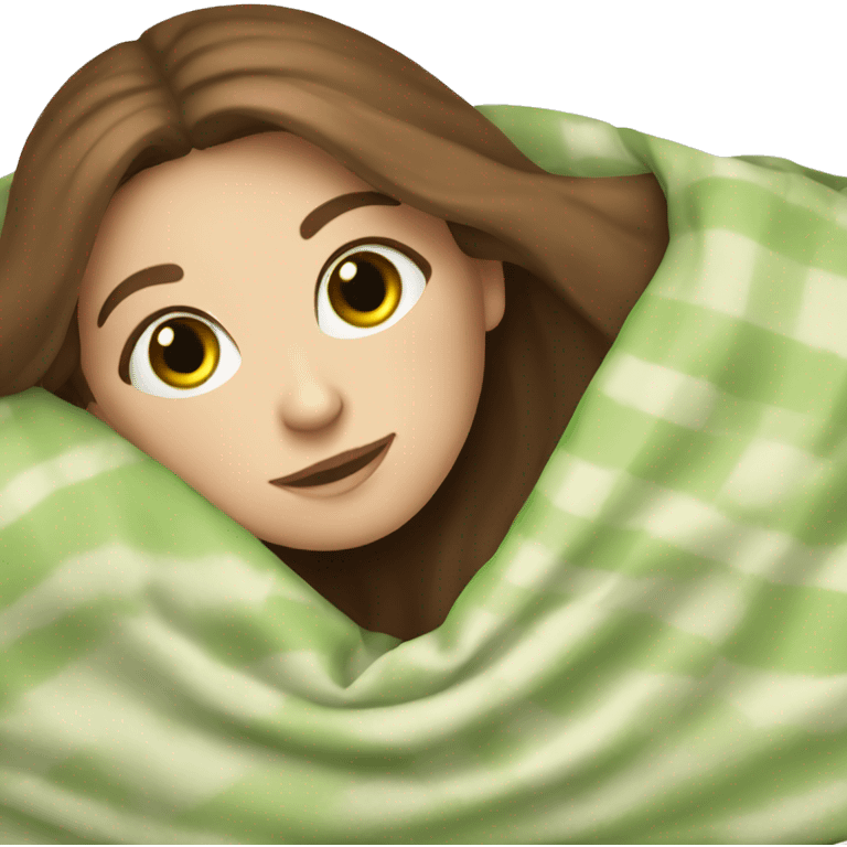 White girl with brown hair and green eyes lying under the blanket emoji