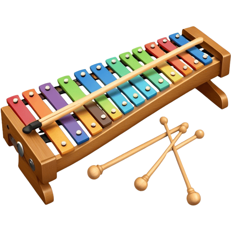 Create a vibrant and detailed emoji representing a Fleet FLT-SX37 xylophone. The design should feature the sleek wooden keys of the xylophone, arranged neatly on the frame, with metal bars clearly visible. Add the mallets placed beside the instrument or in motion, highlighting their soft rubber heads. Use warm, natural wood tones for the keys, with subtle metallic accents to reflect the professional quality of the instrument. Add small musical notes or soundwaves around the xylophone to evoke its bright, percussive sound. The background should be transparent. emoji