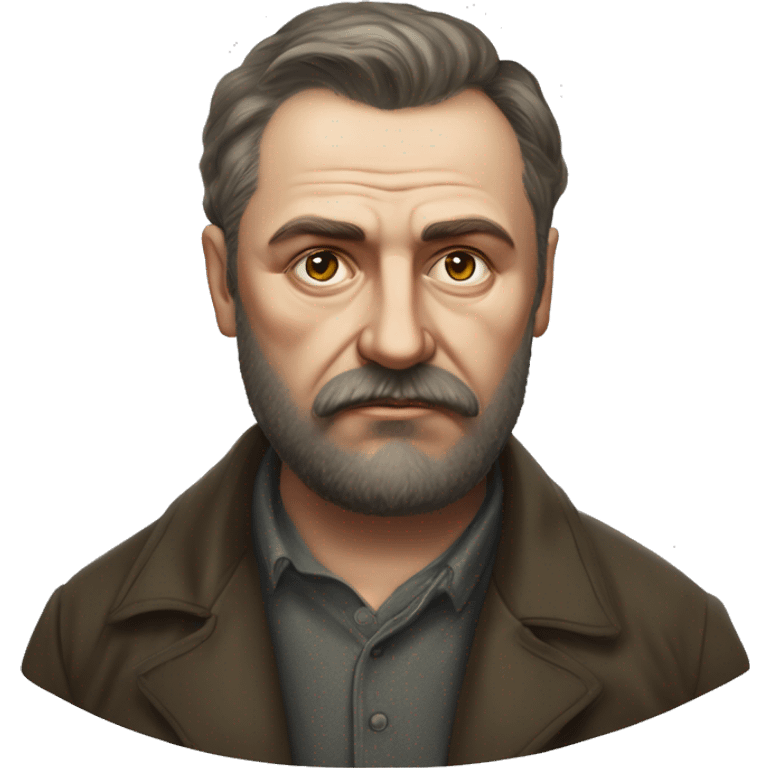 Russian writer Alexander Kuprin Photorealism A plump serious man of Slavic appearance with Small eyes with beard and mustache, with a  short haircut, big detailed face, wrinkled face emoji