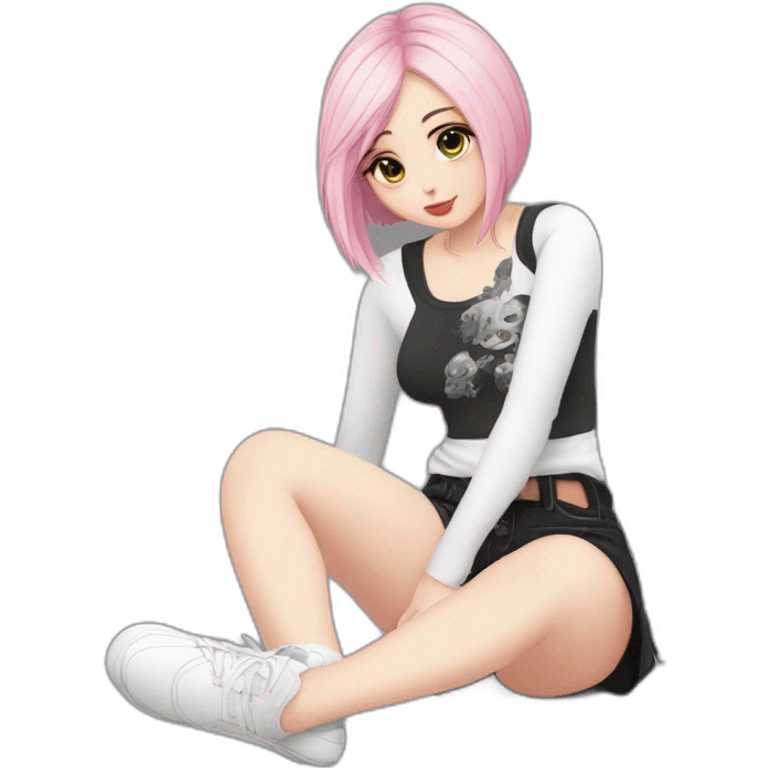 Full body curvy emo girl sits on the floor черная юбка белые трусики рваные полосатые чулки emoji