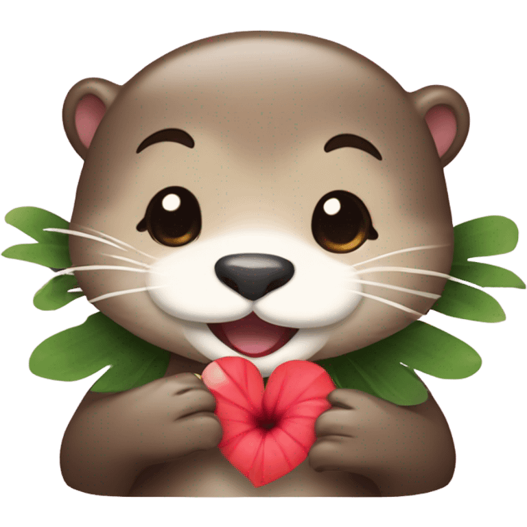 A happy and cute otter face with a Hawaiian flower tucked behind its ear, holding a heart. emoji