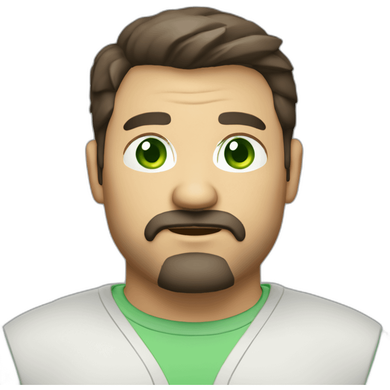 fat middle aged developer short dark brown graying hair goatee with green eyes emoji