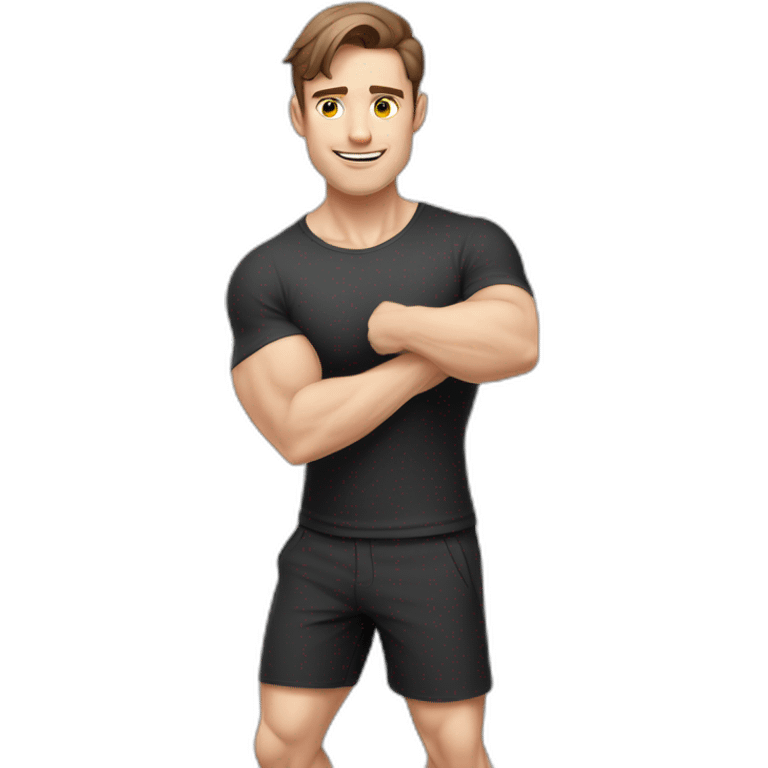 Pale skinned Fit Man With the biceps and brown hair in black shirt, gray sports shorts and white Sneakers Writing text on the flipchart emoji